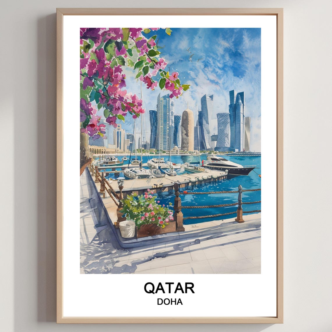 Flowering Doha Qatar Marina Skyline Bougainvillea Watercolor Poster