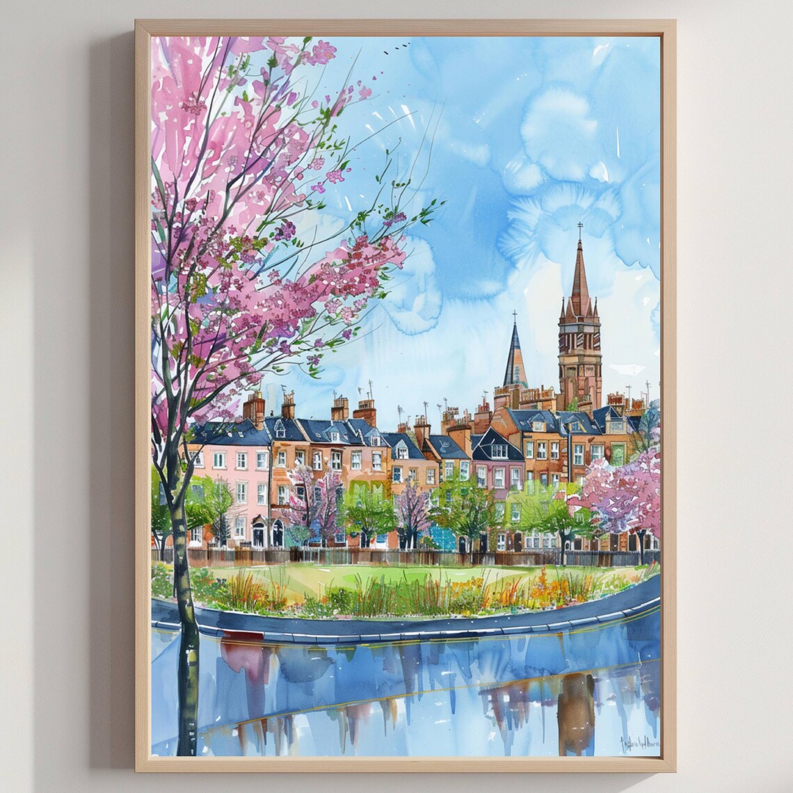 Ayr Scotland Cherry Blossom Church Town Watercolor Travel Poster