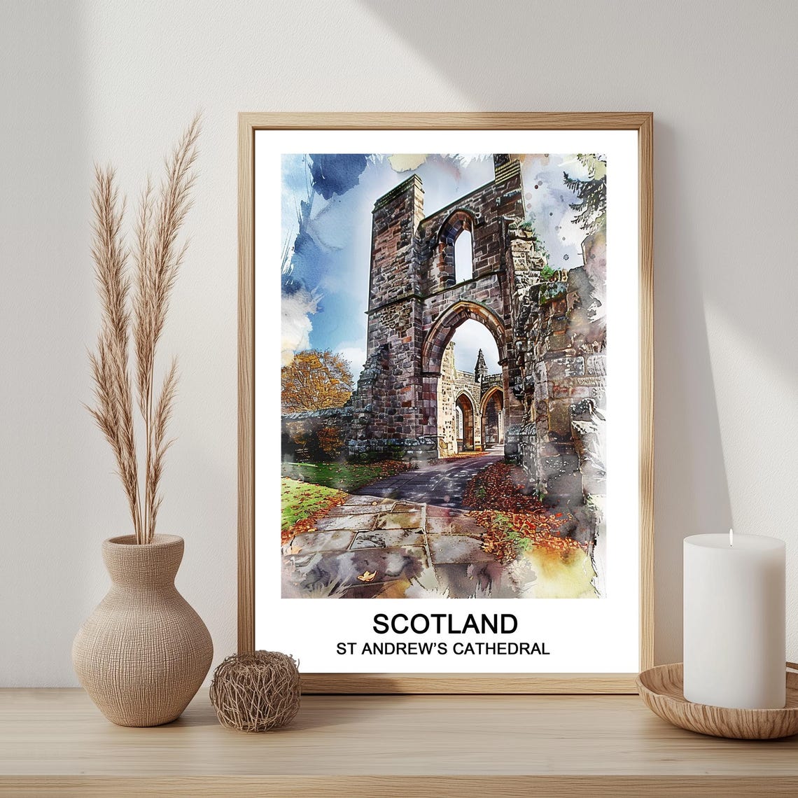 St Andrews Cathedral Scotland Ruins Watercolor Historic Travel Poster