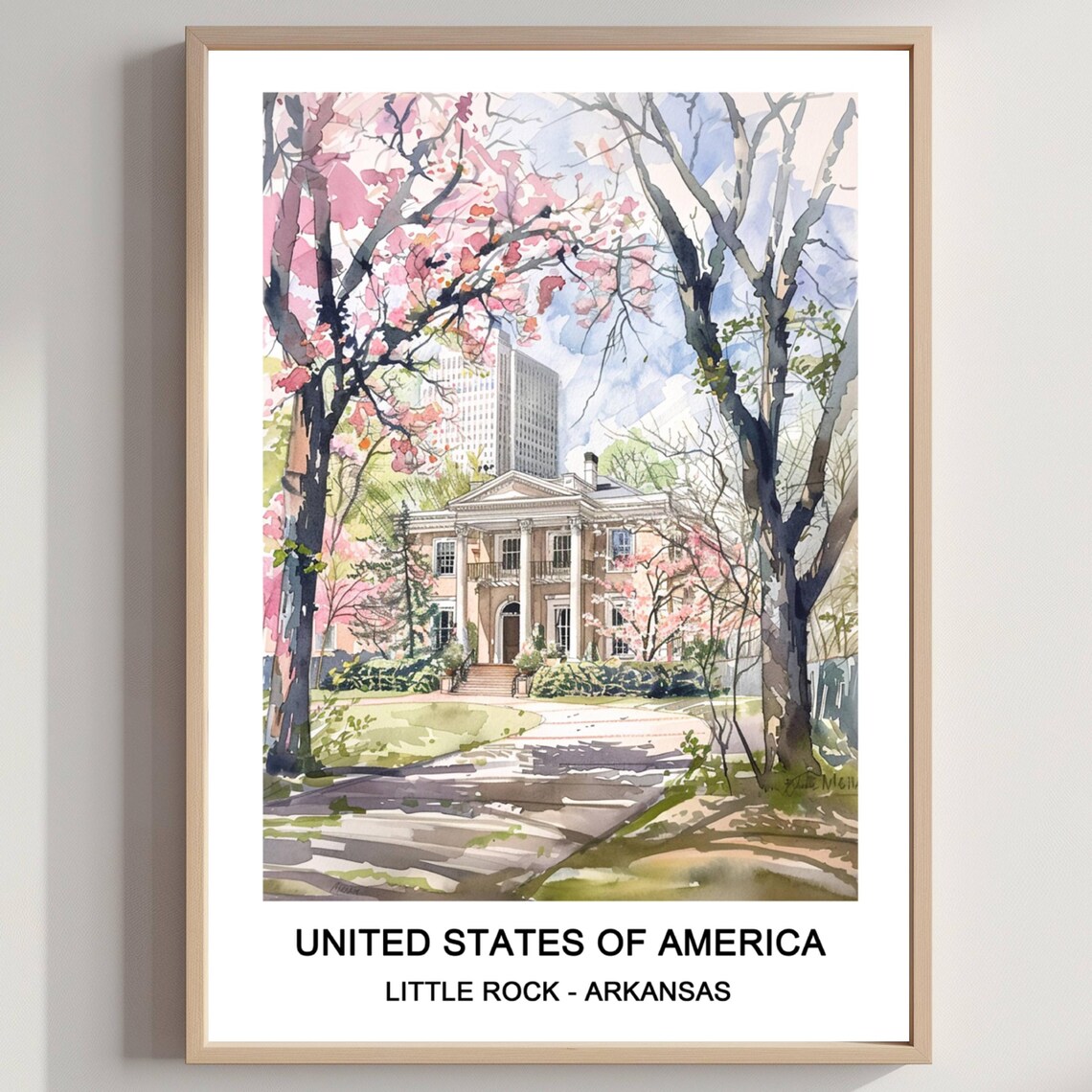 Little Rock Arkansas Watercolor Historic Mansion Blossom Travel Poster