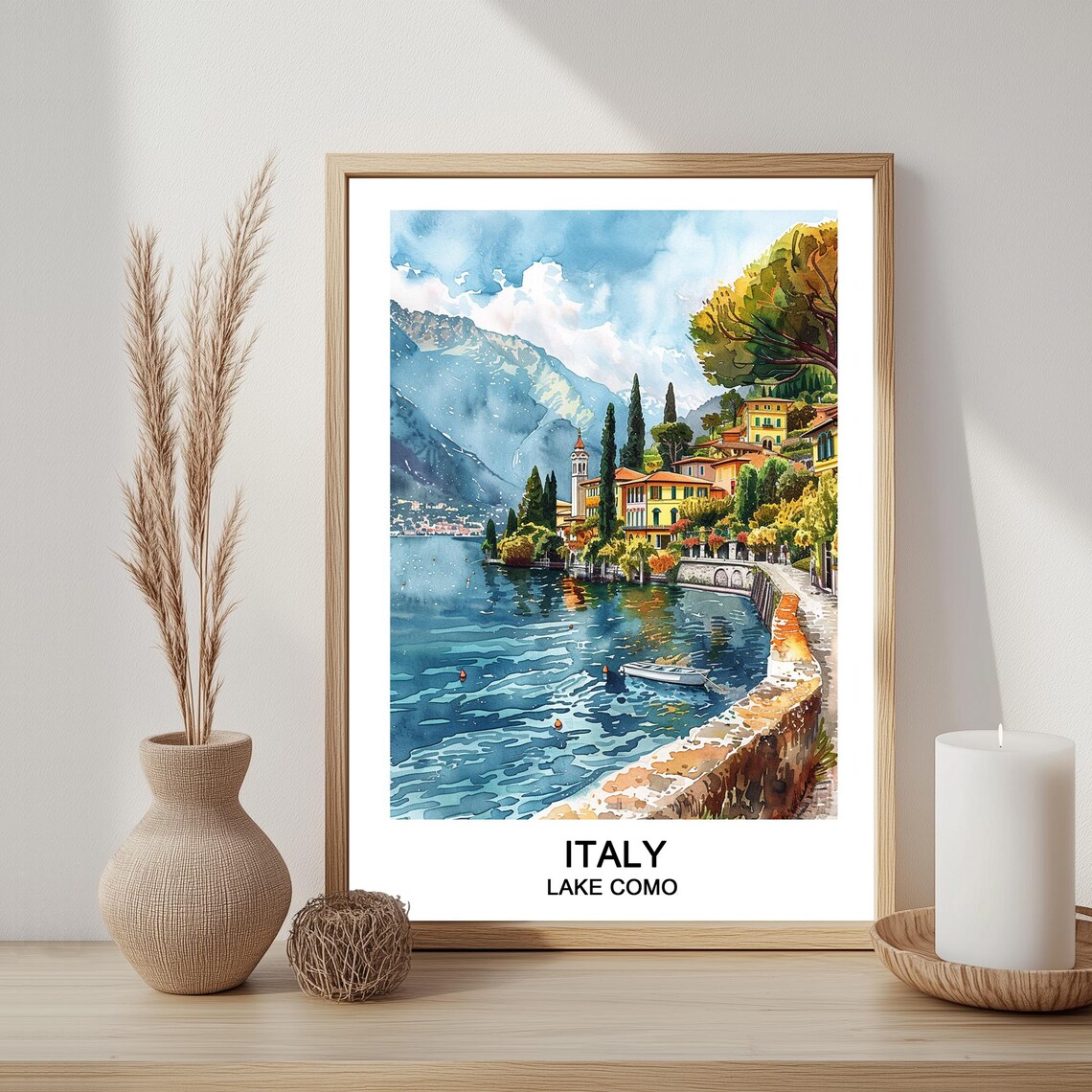 Lake Como Italy Watercolor Lakeside Town Mountains Travel Poster