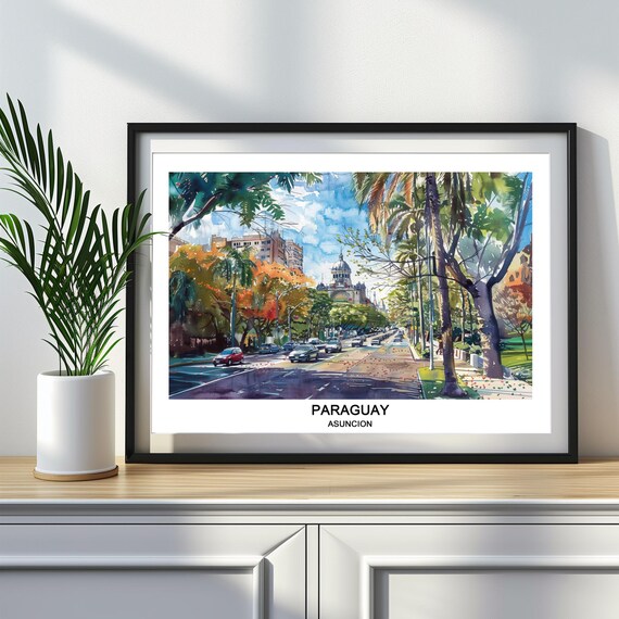 Paraguay Asuncion Tree Lined Street Watercolor City Travel Poster