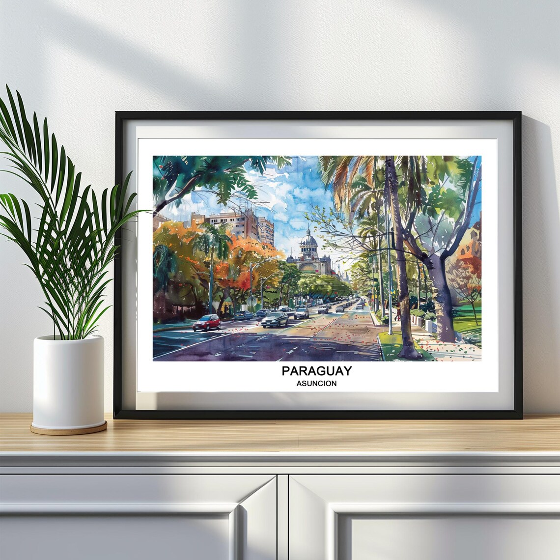 Paraguay Asuncion Tree Lined Street Watercolor City Travel Poster
