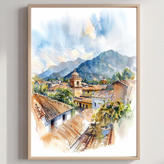 Antigua Guatemala Colonial Town Watercolor Travel Art Poster
