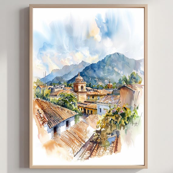 Antigua Guatemala Watercolor Travel Poster Central America Wall Art