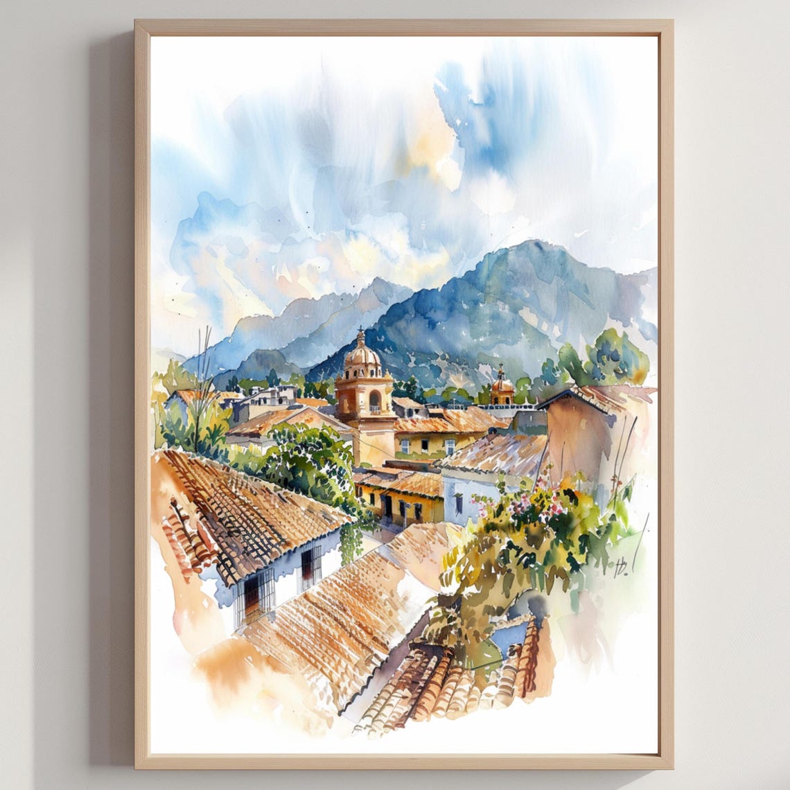 Antigua Guatemala Colonial Town Watercolor Travel Art Poster