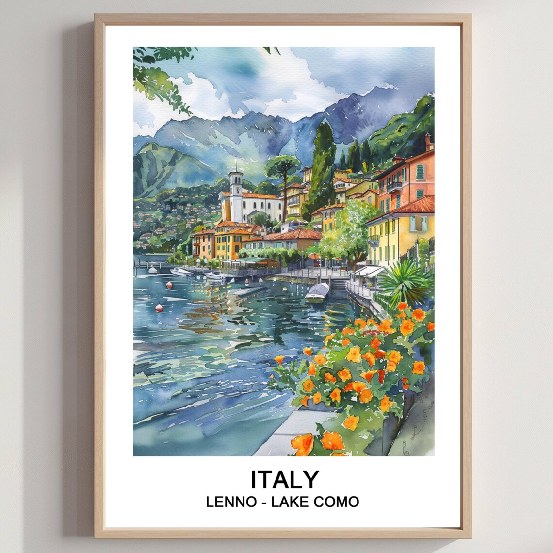 Lenno Lake Como Italy Watercolor Harbor Village Travel Poster
