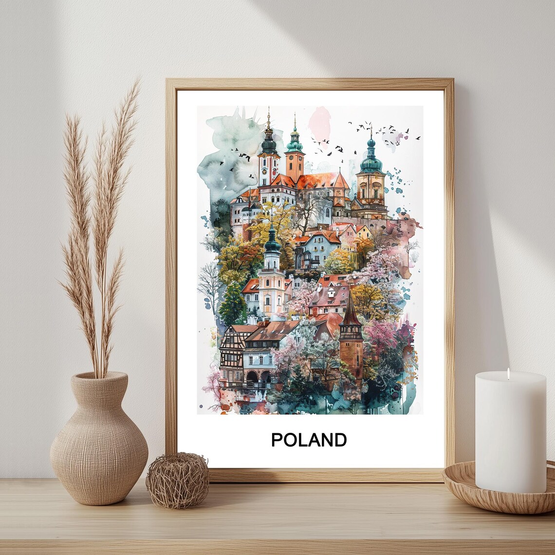 Poland Historic Old Town Baroque Churches Watercolor Travel Poster Art