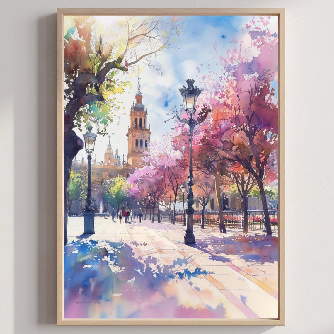 Seville Spain Watercolor Blossom Park Giralda Tower Art Poster
