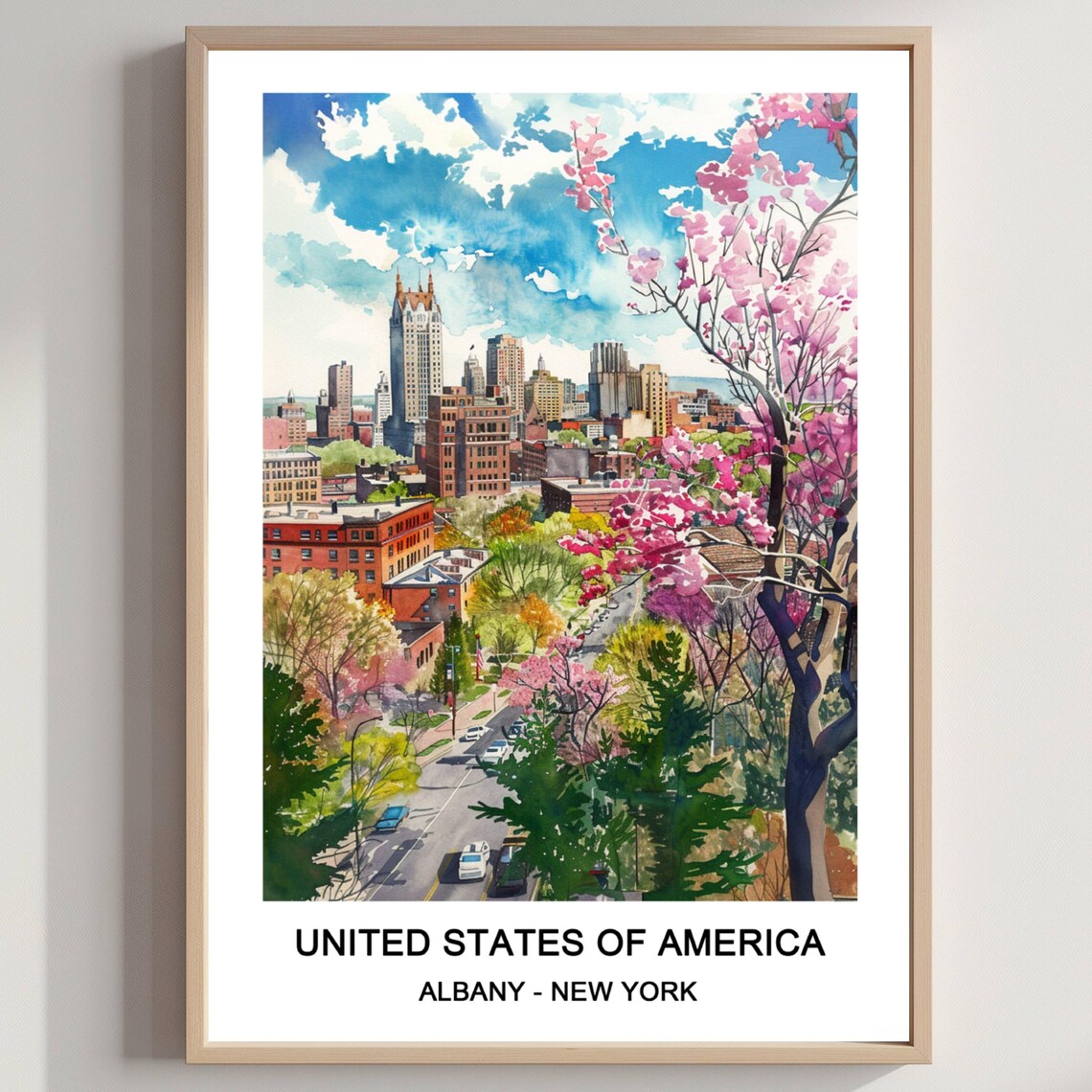 Albany New York Downtown Avenue Blossoms Watercolor Cityscape Travel Poster