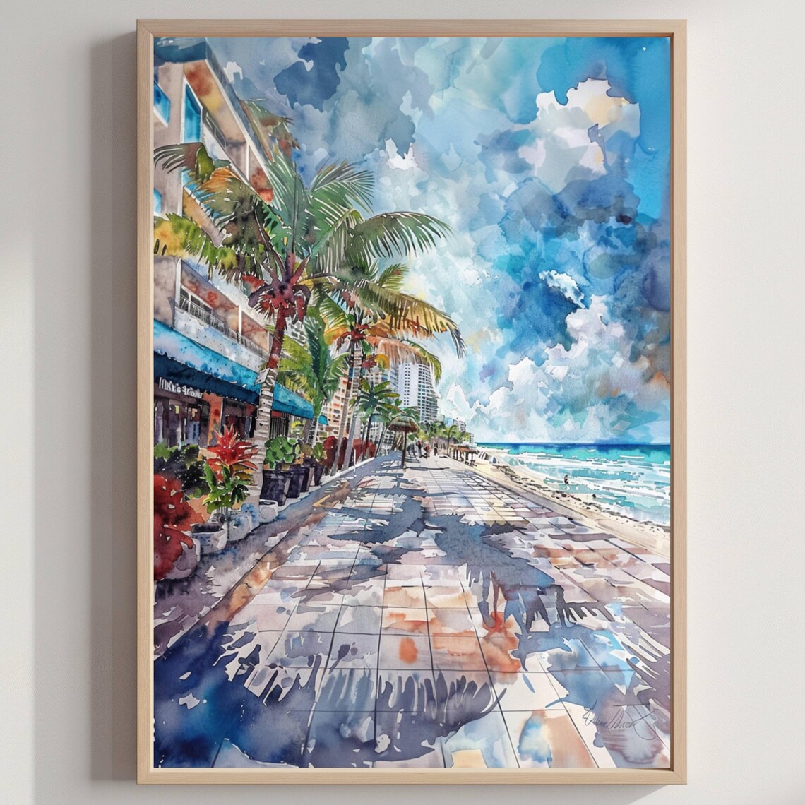 Playa Del Carmen Mexico Beach Boardwalk Palms Watercolor Travel Poster