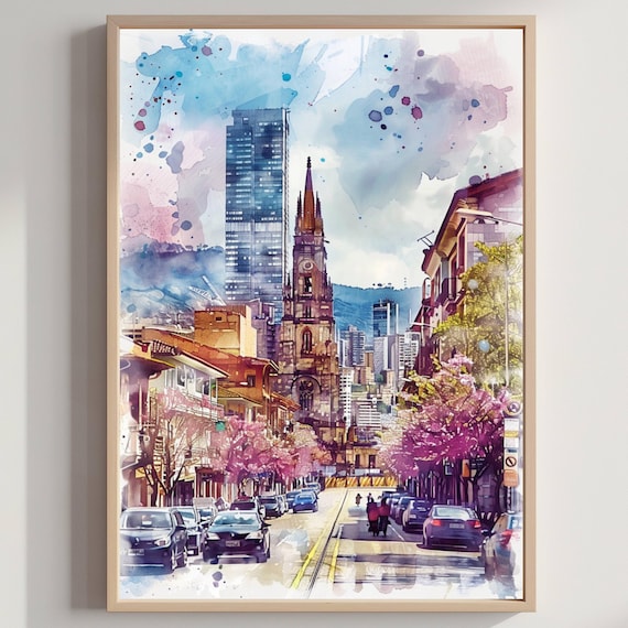 Vibrant Bogota Colombia Cathedral Street Blooming Watercolor Poster