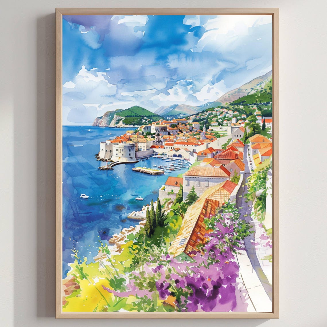 Dubrovnik Croatia Old Town Harbor Adriatic Watercolor Travel Poster