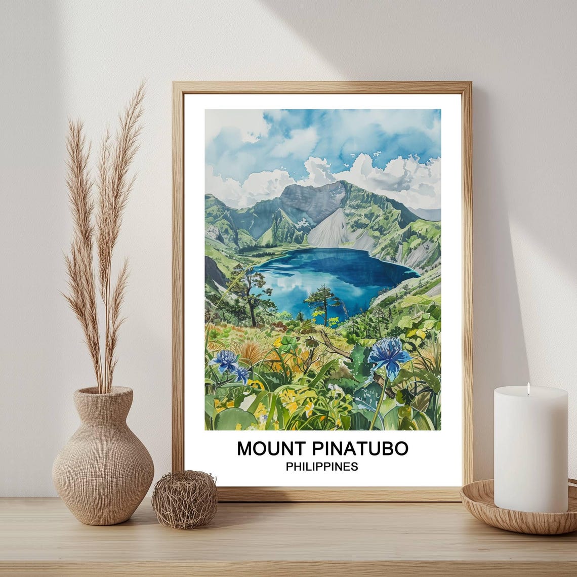 Mount Pinatubo Philippines Watercolor Crater Lake Travel Poster