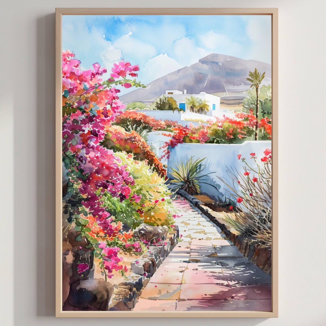 Lanzarote Canary Islands Watercolor Bougainvillea Path Villa Poster