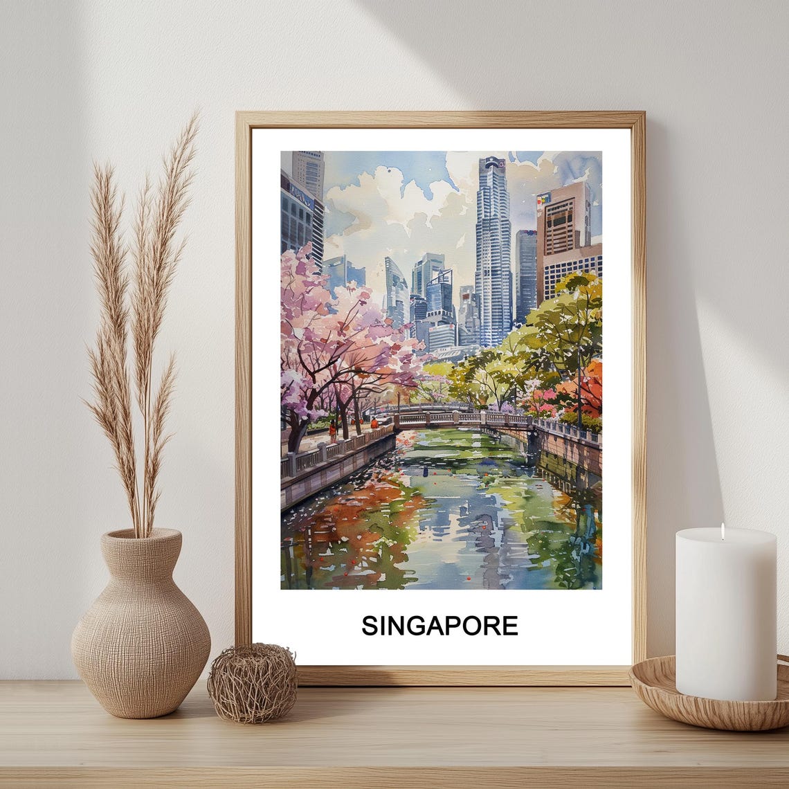 Singapore River Cherry Blossoms City Skyline Watercolor Poster