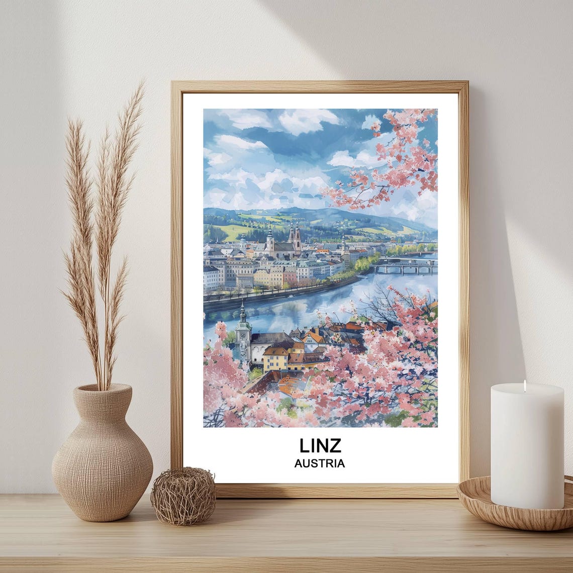 Linz Austria Riverside Cherry Blossom Spring Watercolor Poster