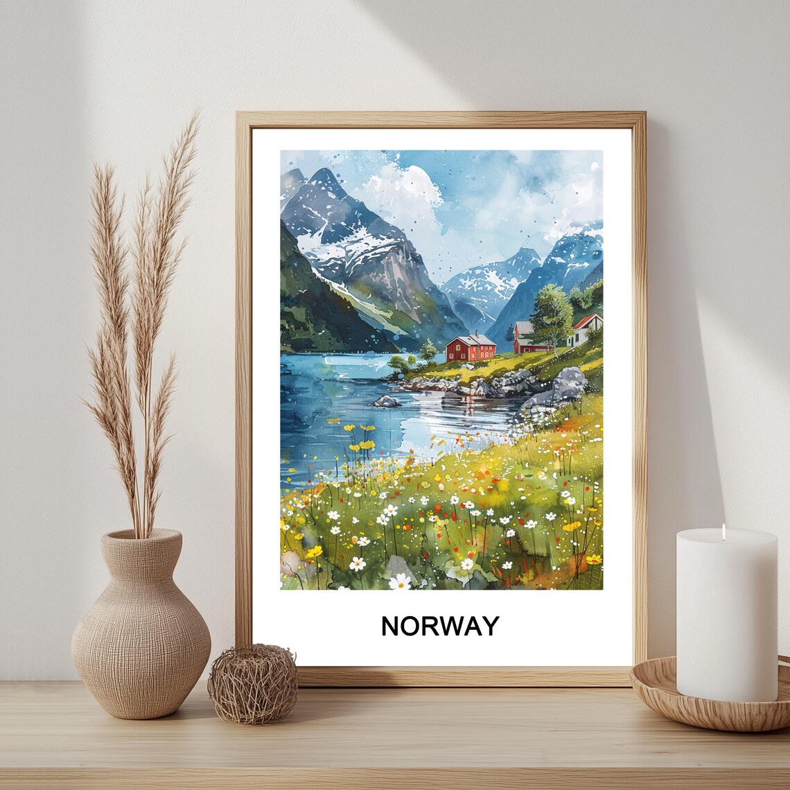 Norway Fjord Watercolor Snowy Peaks Red Cabins Wildflowers Poster