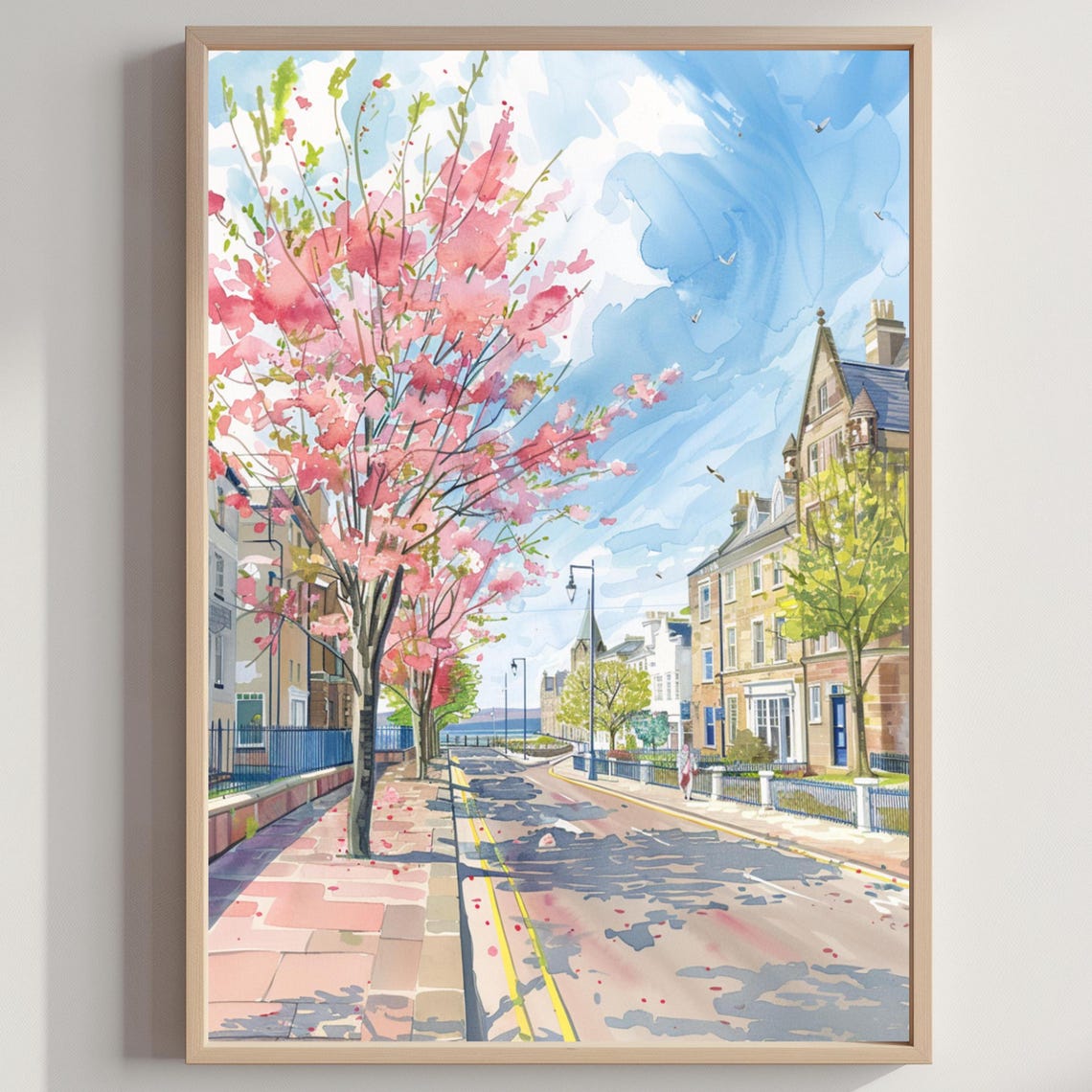 Ayr Scotland Cherry Blossom Avenue Watercolor Travel Poster Art