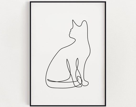 Cat Line Drawing Wall Art Instant Black And White Abstract