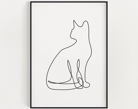 Continuous Line Cat Drawing Minimalist Black White Feline Art Print