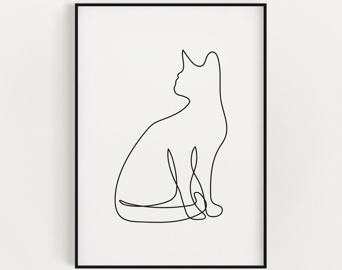 Continuous Line Cat Drawing Minimalist Black White Feline Art Print