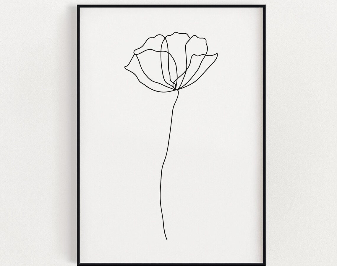 Poppy Flower Line Drawing Minimalist Black White Botanical Art Print