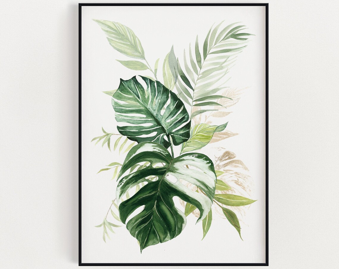 Monstera Tropical Leaves Watercolor Green Botanical Wall Poster