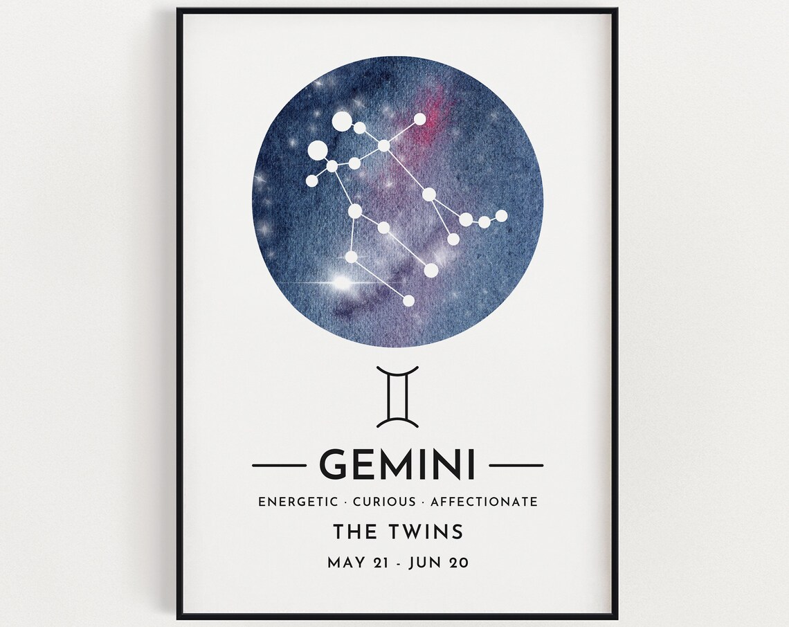 Gemini Constellation Zodiac Watercolor Star Sign Gift Poster