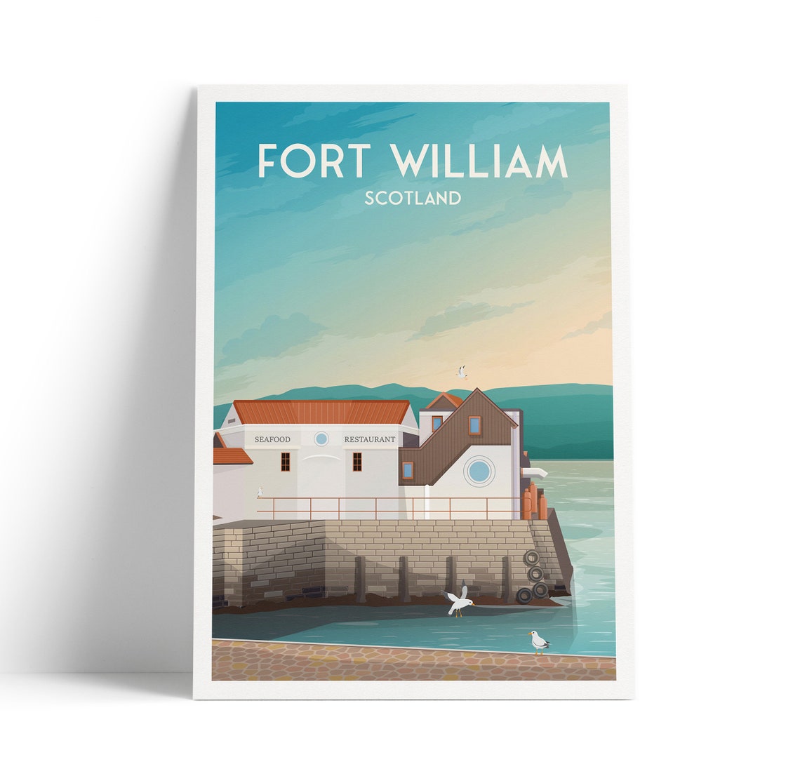 Fort William Scotland Pier Seafood Restaurant Travel Poster Art