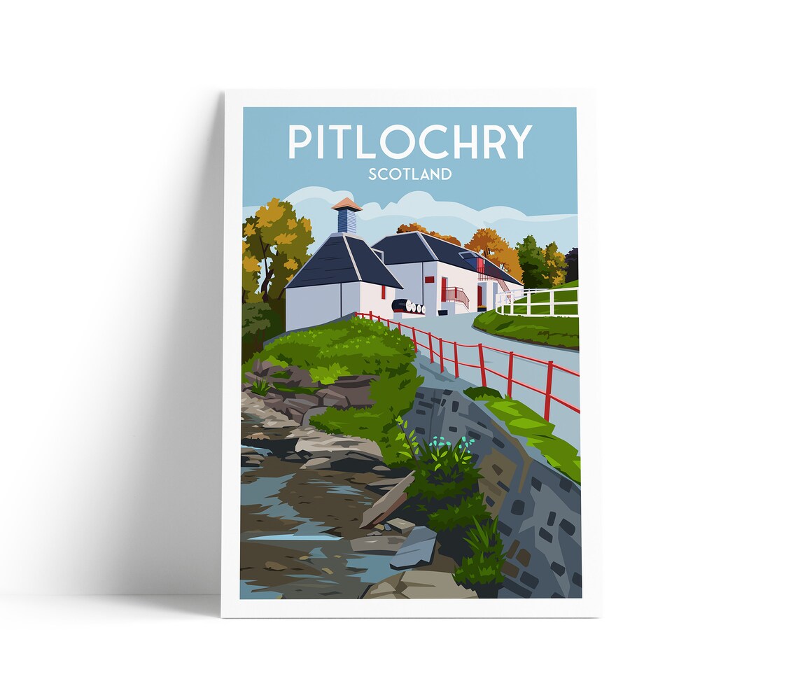 Pitlochry Scotland Travel Poster Highland Distillery Stream Art