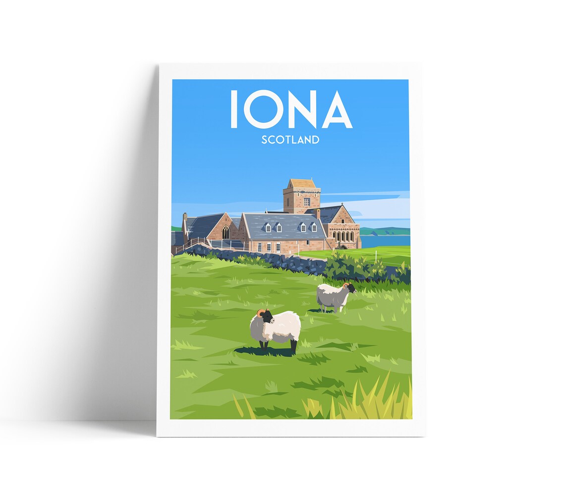 Iona Scotland Travel Poster Abbey Sheep Grazing Green Field Art