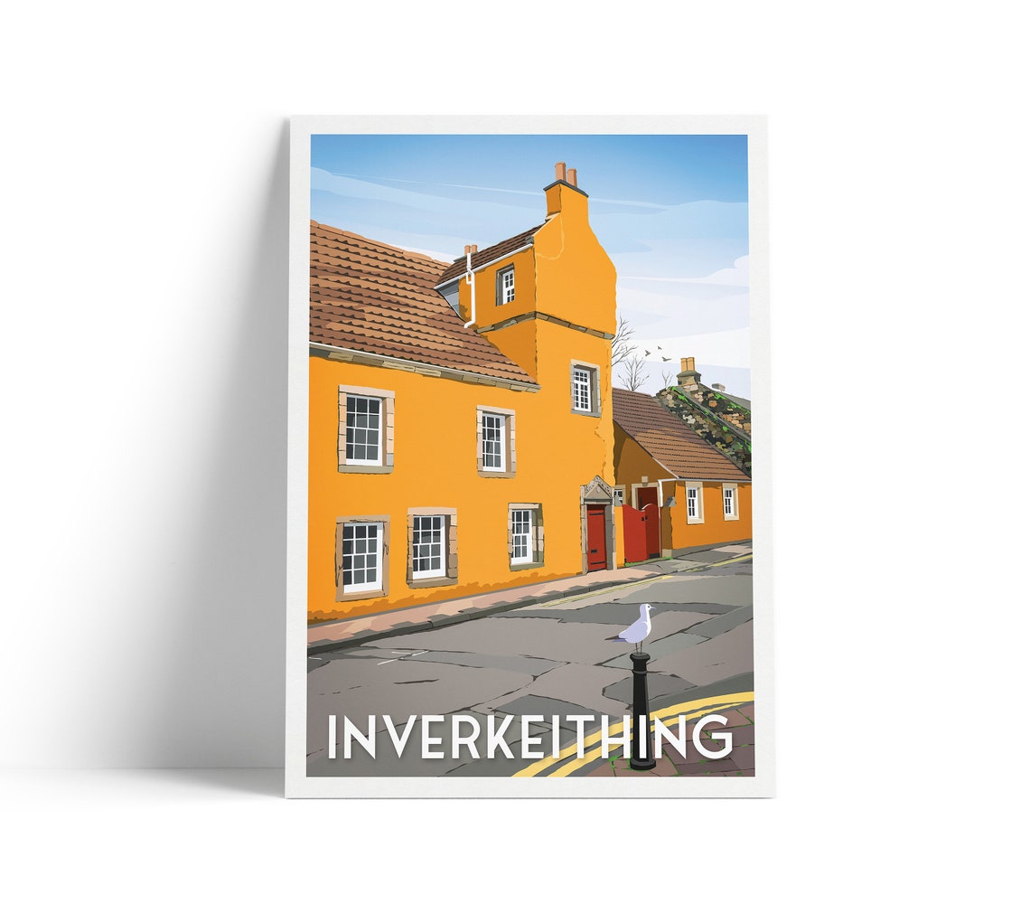 Inverkeithing Orange Historic House Scotland Retro Travel Poster