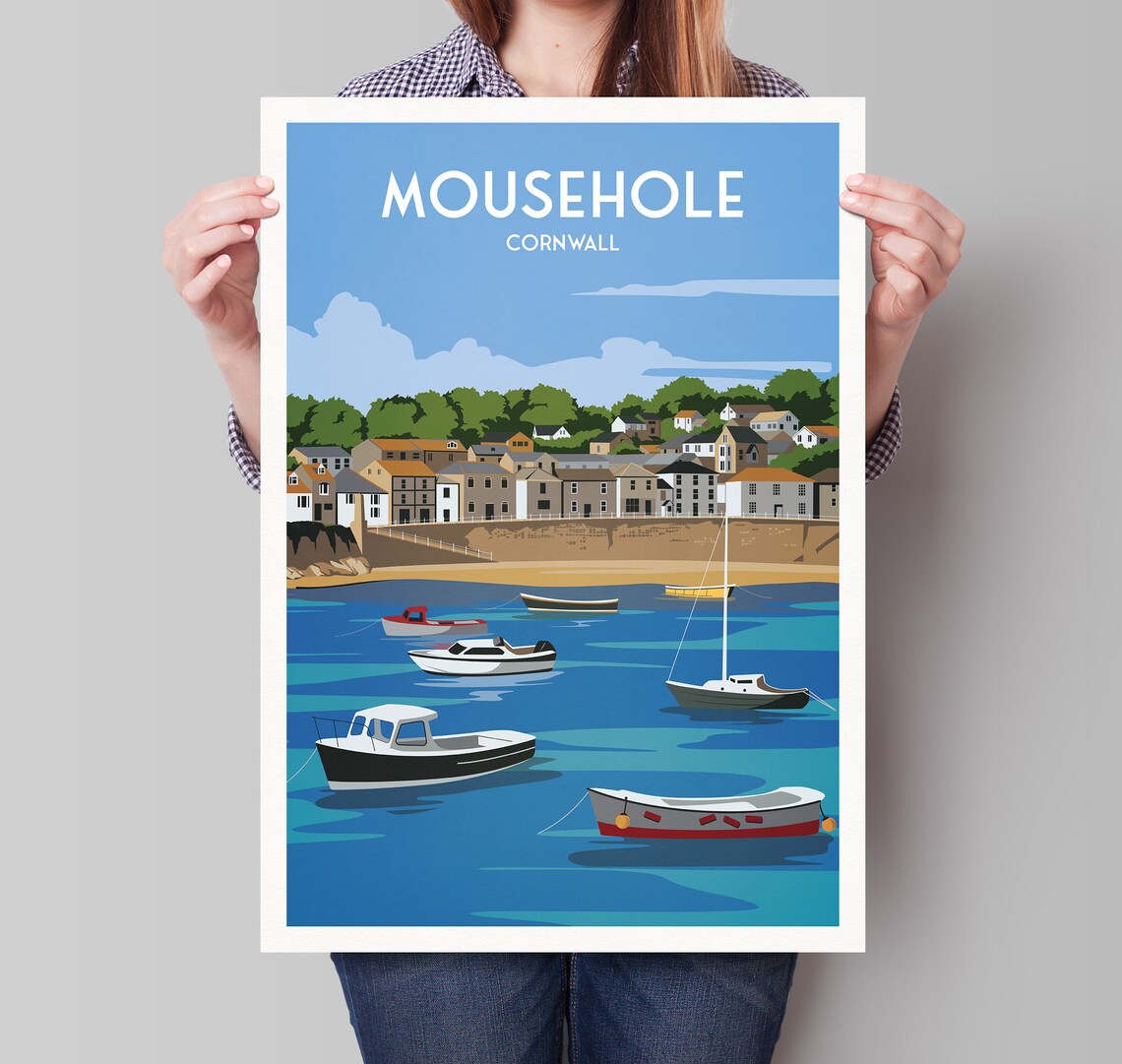 Mousehole Cornwall Harbour Fishing Boats Travel Poster England Coast
