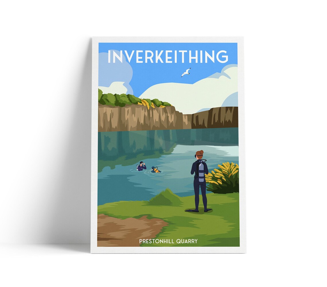 Inverkeithing Prestonhill Quarry Scuba Divers Lake Retro Travel Poster