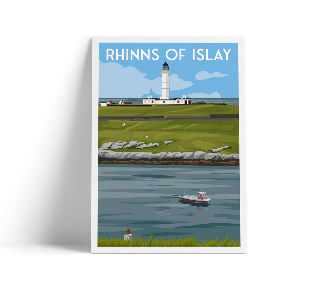 Rhinns of Islay White Lighthouse Green Hills Boat Travel Poster