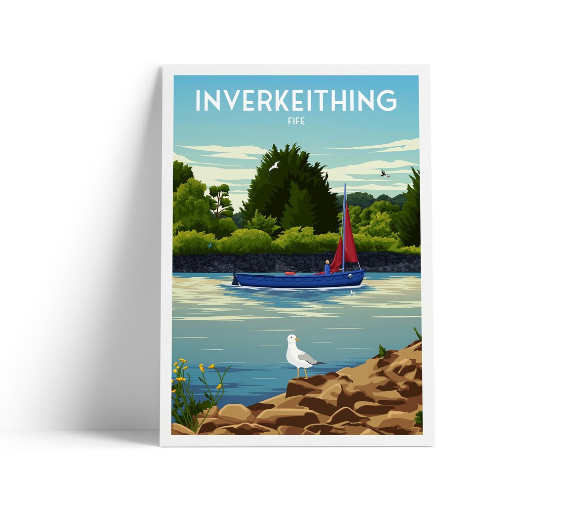 Inverkeithing Fife Scotland Travel Poster Sailboat Harbor Seagull Art