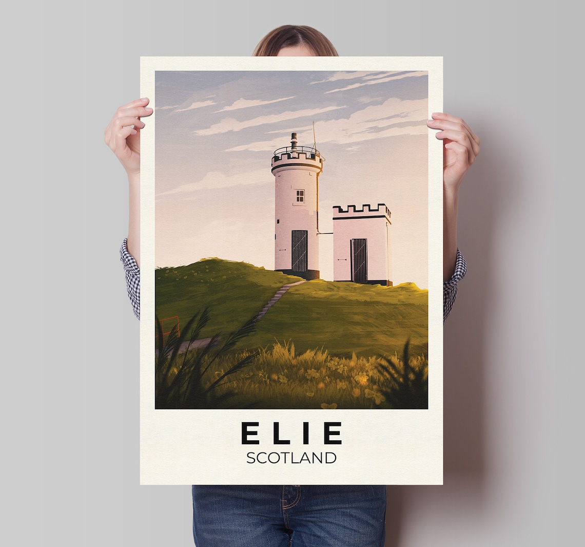 Elie Scotland Vintage Travel Poster Ness Lighthouse Sunset Coastline