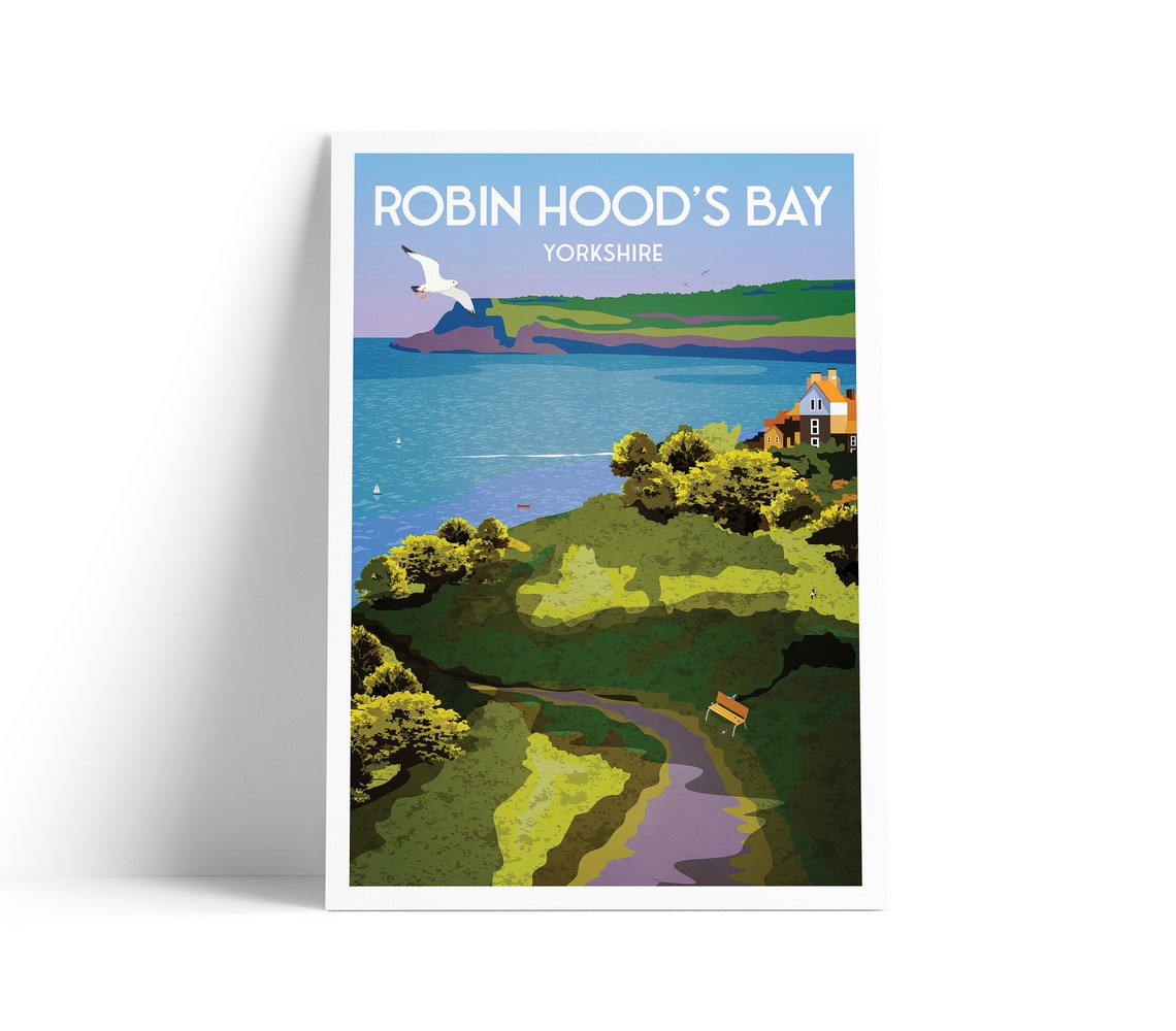 Robin Hoods Bay Yorkshire Travel Poster with Coastal Cliffs View
