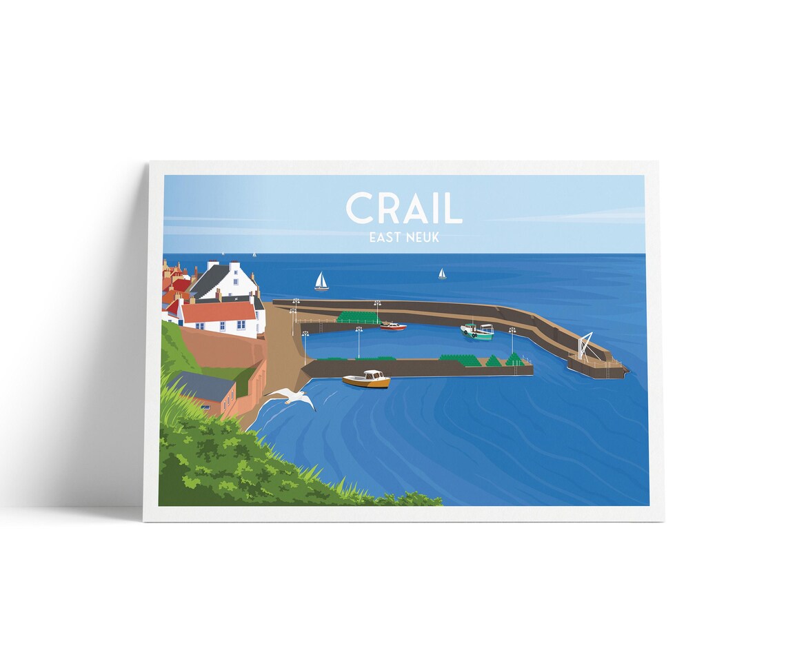 Crail East Neuk Harbour Aerial Boats Scotland Vintage Travel Poster