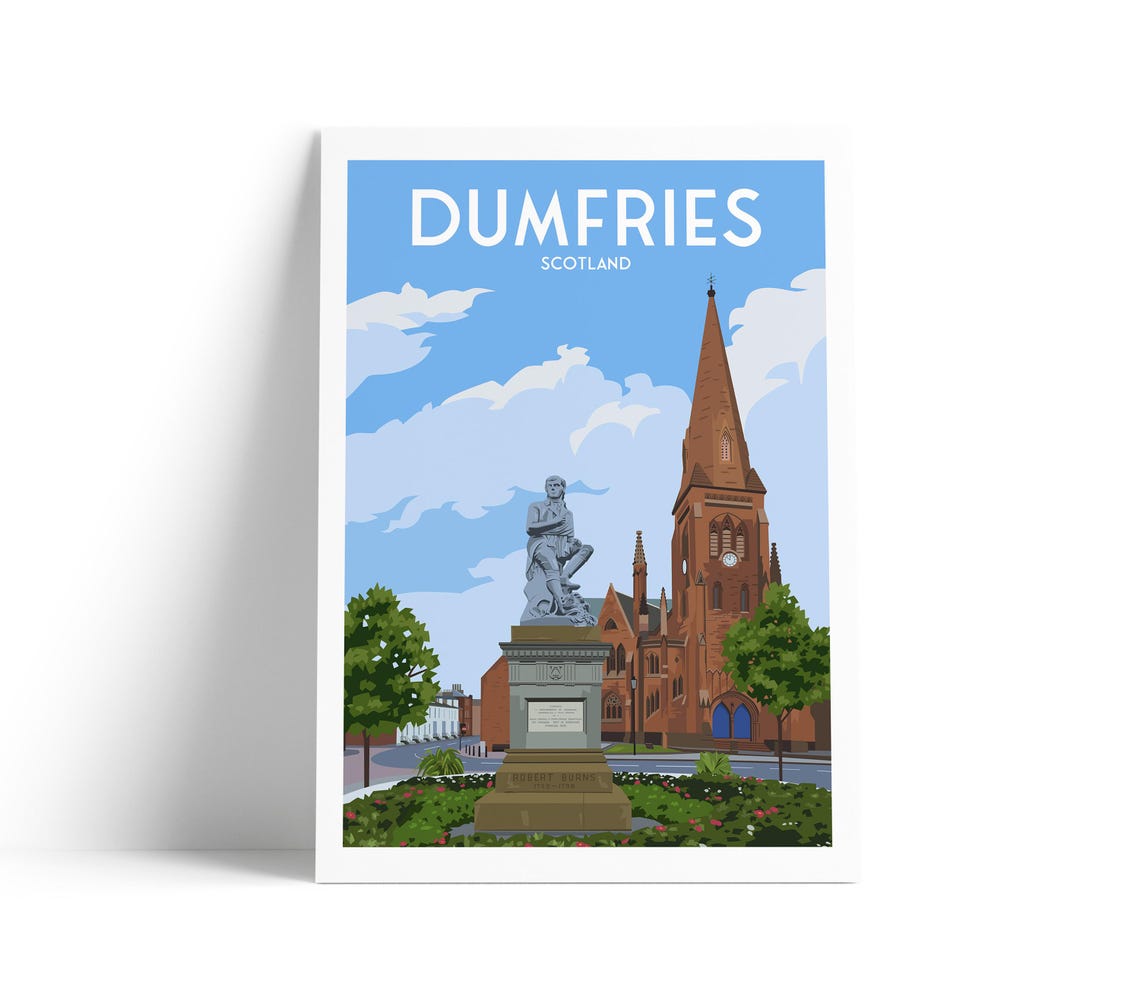 Dumfries Scotland Robert Burns Statue Vintage Travel Poster Art