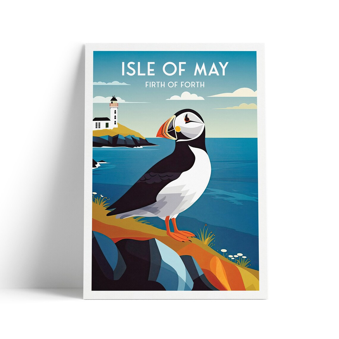 Isle of May Travel Poster, Puffin and Lighthouse
