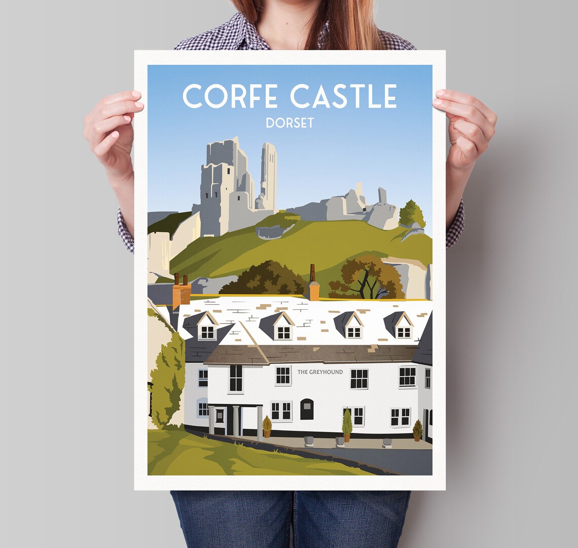 Corfe Castle Dorset Travel Poster Historic Ruins Village Inn Countryside