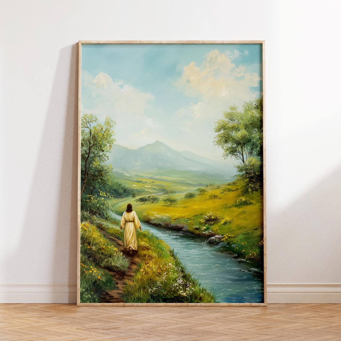 Jesus Walking River Valley Serene Christian Landscape Painting Poster