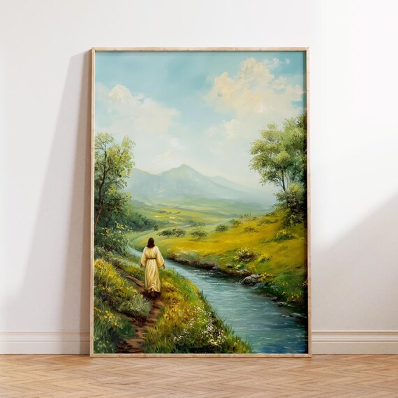 Jesus Walking River Valley Serene Christian Landscape Painting Poster