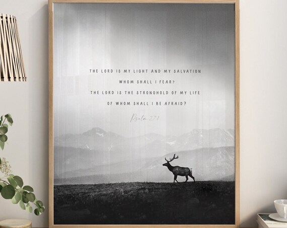 Psalm 27:1 Scripture Deer Silhouette Misty Mountain Bible Verse Wall Art