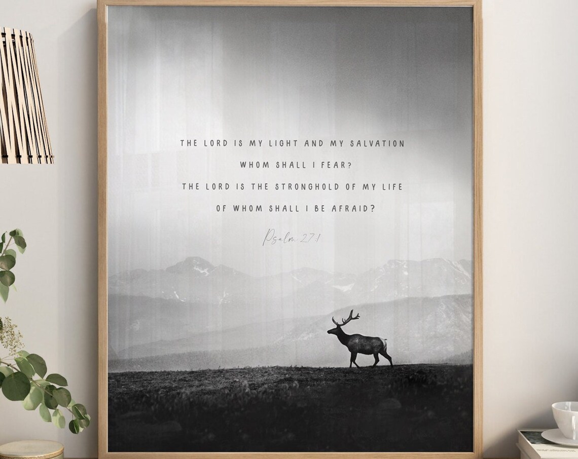 Psalm 27:1 Scripture Deer Silhouette Misty Mountain Bible Verse Wall Art