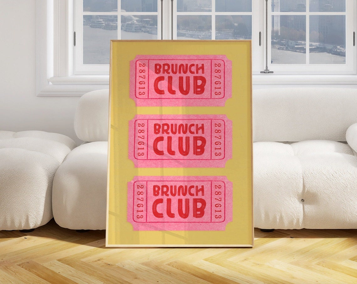 Pink Brunch Club Ticket Stub Trio Retro Kitchen Decor Wall Art