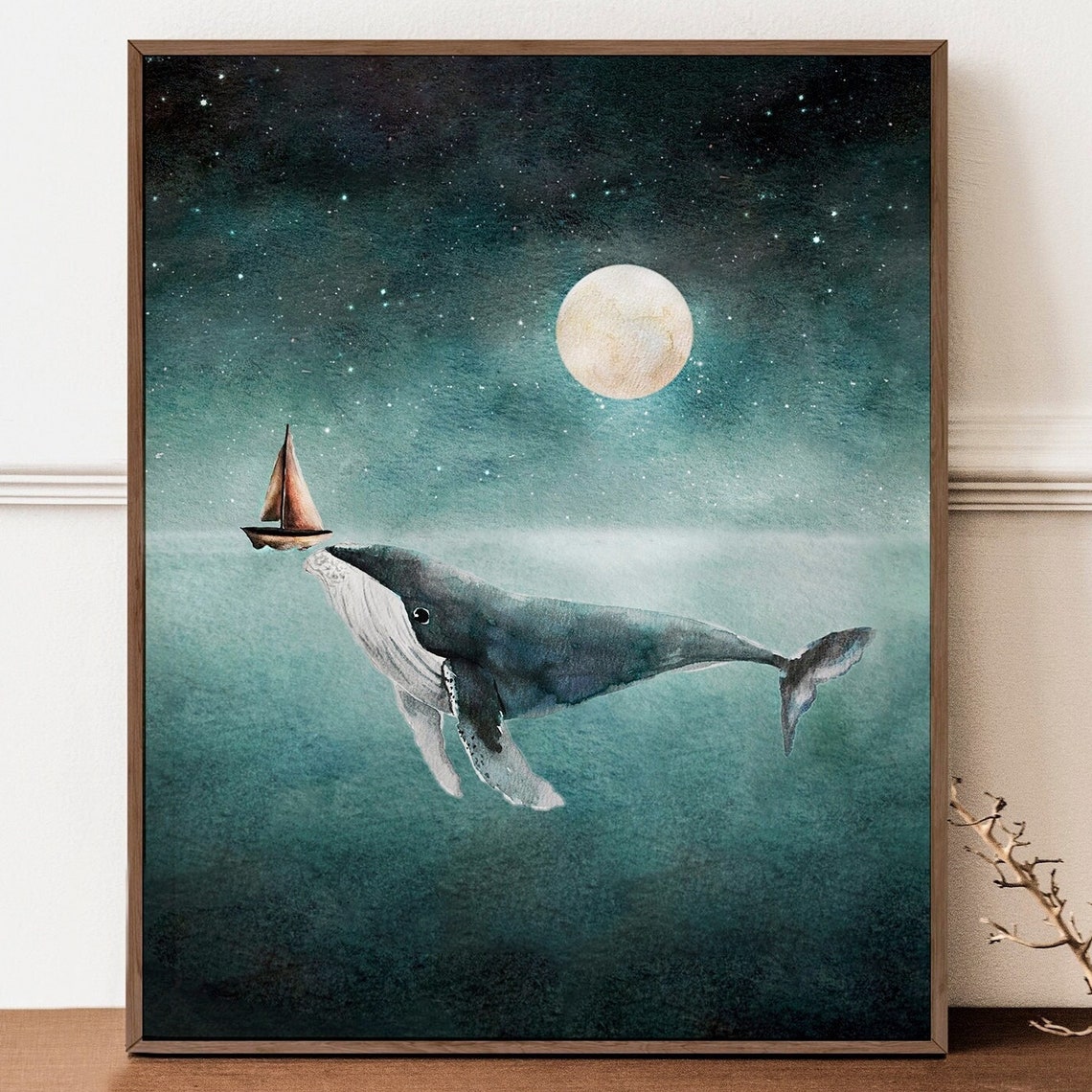 Humpback Whale And Sailboat Moonlit Ocean Watercolor Whimsical Poster