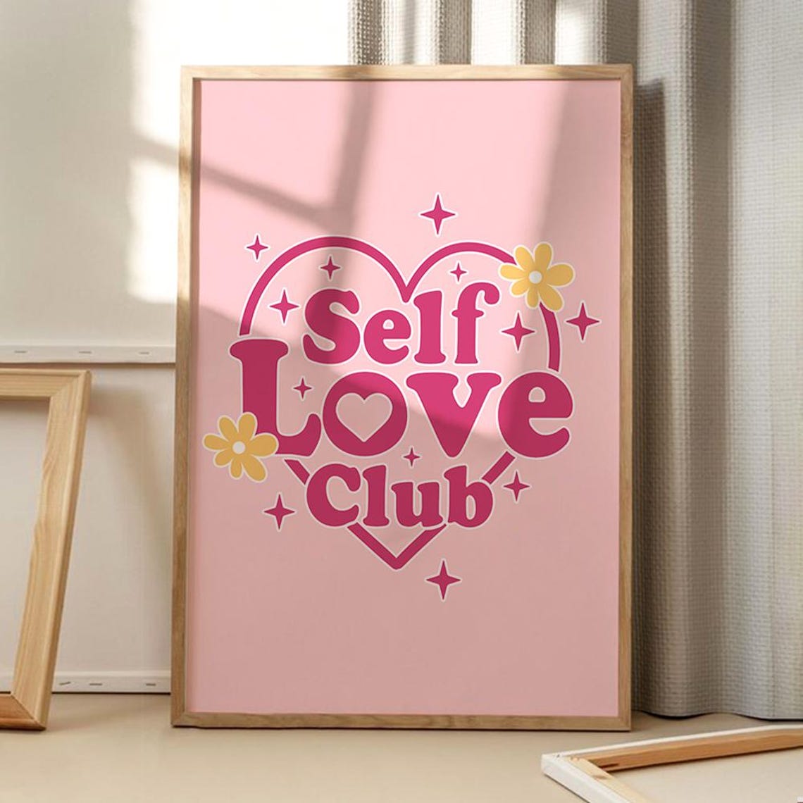 Self Love Club Pink Floral Retro Heart Affirmation Typography Poster